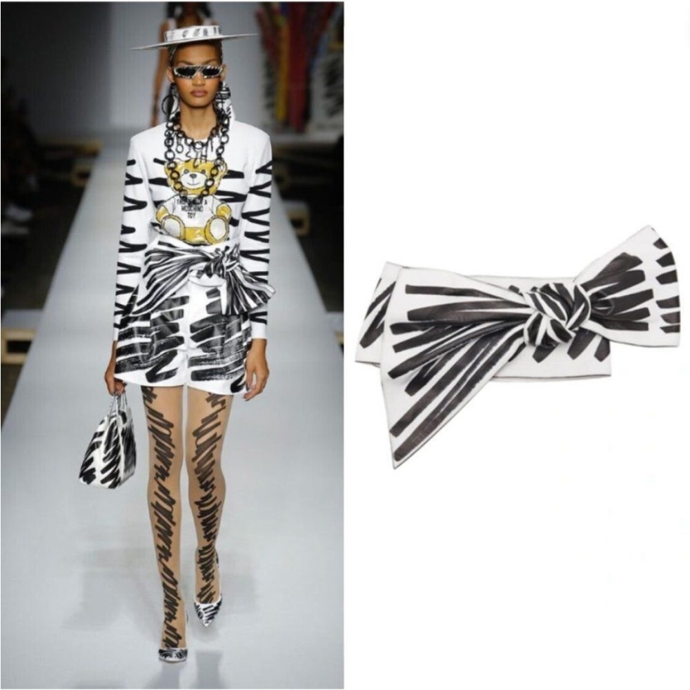 NWT Moschino Black & White Abstract Leather Bow Belt